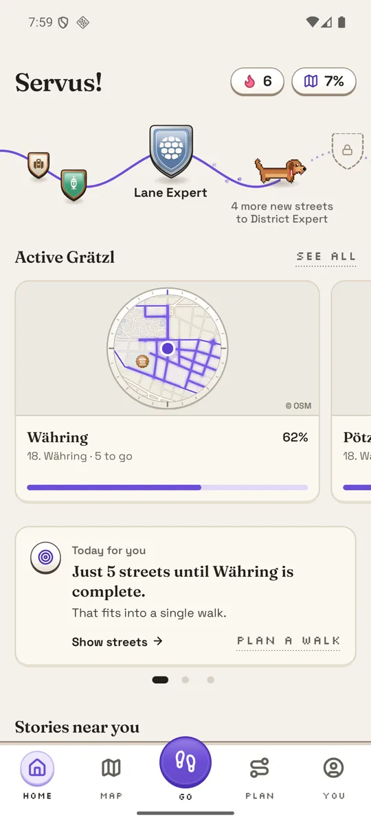 The Strolly home screen: "Servus!", your path with badges and the active neighbourhoods.